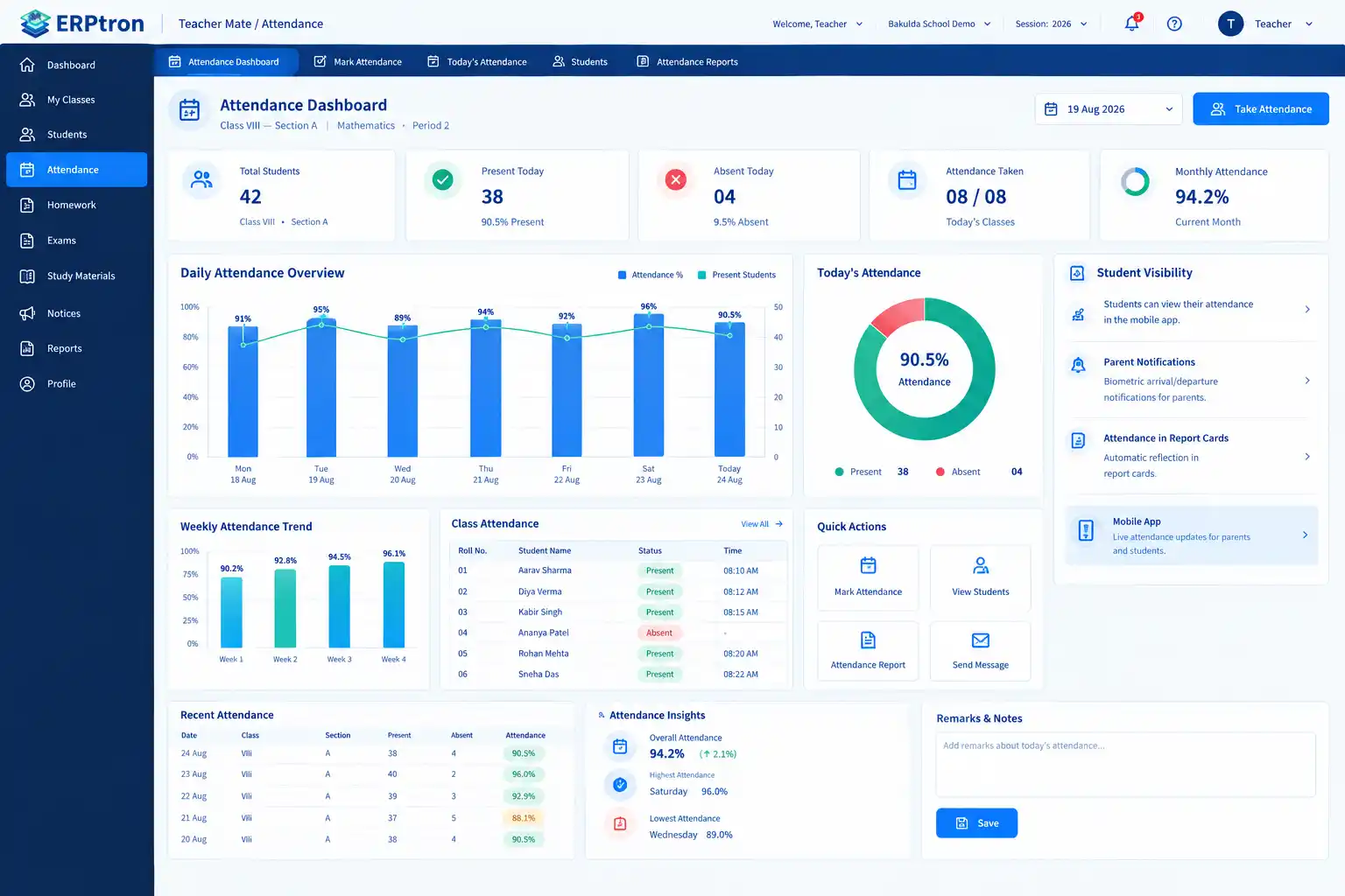 Teacher's Mobile App dashboard
